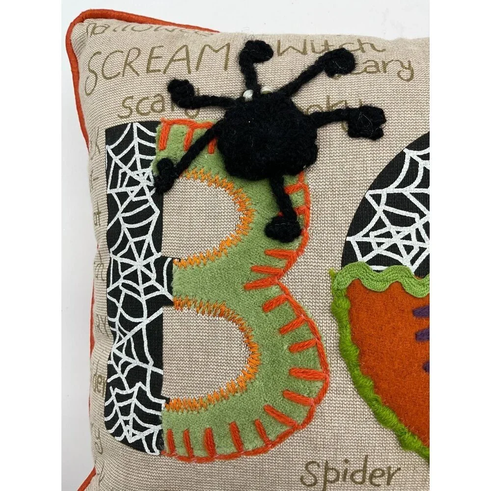 Pier 1 Halloween BOO Applique Embroidered Letters Spider Webs Word Art Pillow